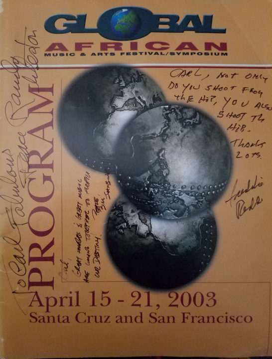 UCSC Global African Music and Arts Festival brochure signed by Jazz legends, Randy Weston, Freddie Redd, Bill Johnson, Larry Ridley and Nelson Harrison